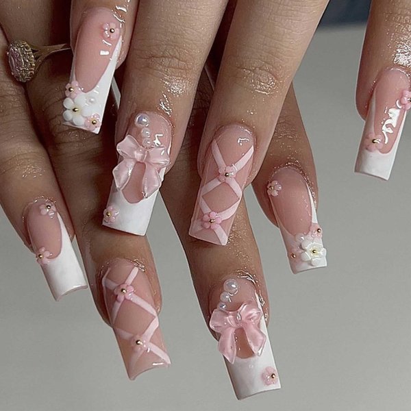 Hkanlre Press on Nails Medium Cute Fake Flower Nails Tips Full Cover Bow False Square French Nails for Women and Girls 24PCS
