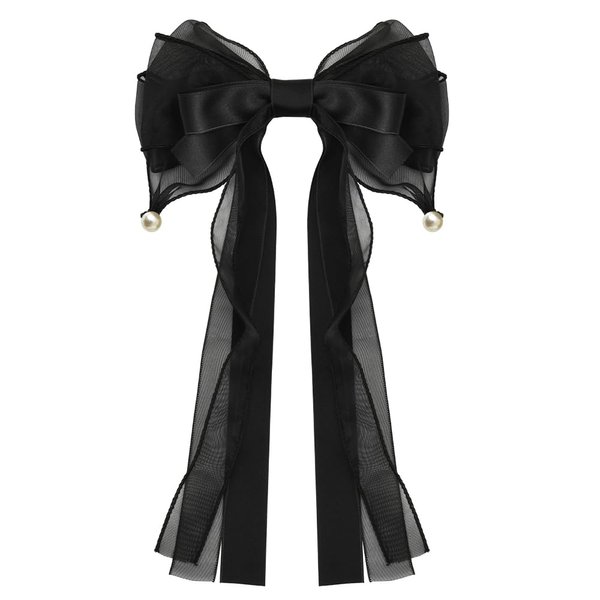 Big Hair Bows for Women Girls Long Ribbon Bow Hair Clip Black Lace Bow for Hair Accessories for Women Prom Tulle Hair Bow with Pearls Silk Satin Hair Bows with Tails Decorative Bow Hair Clips Barrette