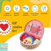 Bright Stripes Kids Picnic Basket Set, Food Pretend Play Tea Party Supplies, Children’s Toys - Includes 4 Plastic Cups, Plates, Spoons, Forks, 4 Napkins, Picnic Mat, 4 Felt Cookies, 25-Piece, Primary