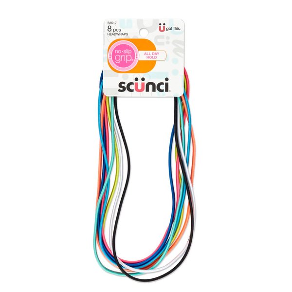 Scunci by Conair No-Slip Grip Flat Bright Headwraps, Thin Elastic Headwraps in Bright Colors, 8 Pack