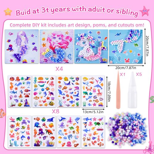 JHGCVX 4 Pcs Pom Pom Crafts Art Kits,Mermaid Crafts Pom Pom Painting for Girls Ages 4-7,Toddler DIY Toys Crafts Kits for Creating Imaginative Birthday Gifts