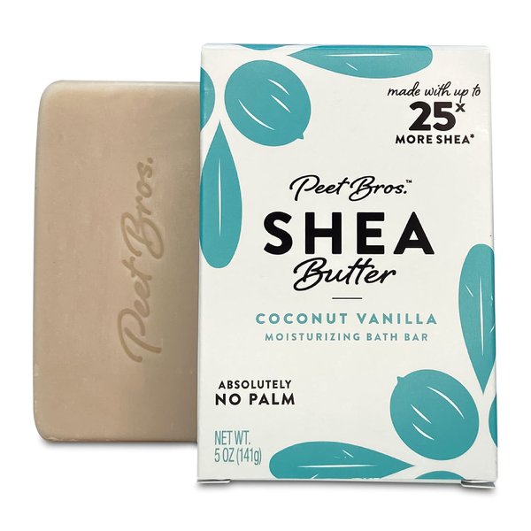 Peet Bros. Shea Butter Bar Soap - Coconut Vanilla Moisturizing Soap Bar - Vegan, Palm Oil-Free Soap Bar - Up to 25x More Shea Butter - No Artificial Fragrances - Made in USA - 5 oz