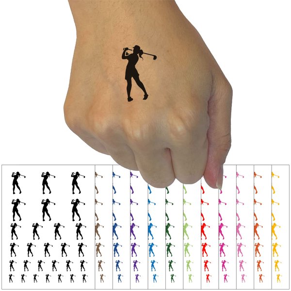 Woman Swinging Golf Club Temporary Tattoo Water Resistant Fake Body Art Set Collection - Yellow (One Sheet)