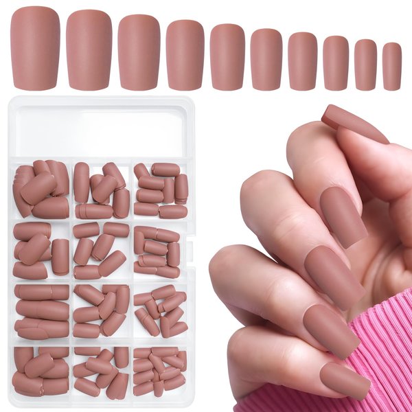 LuckForever 240pc Matte Square Press on Nails Medium Glue on Nails Brown Fake Nails Medium Square Acrylic Nails Press on Nails Full Cover Artificial False Fingernails with Nail Glue Adhesive Tabs