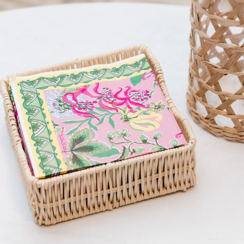 Lilly Pulitzer 40 Cocktail Napkins with Raffia Napkin Holder, Pink Disposable Paper Napkins, Reusable Napkin Holder for Table, Via Amore Spritzer