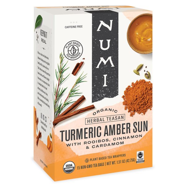 Numi Organic Amber Sun Turmeric Tea, 15 Tea Bags (Pack of 3), With Rooibos & Spices, Herbal Tea (Packaging May Vary).