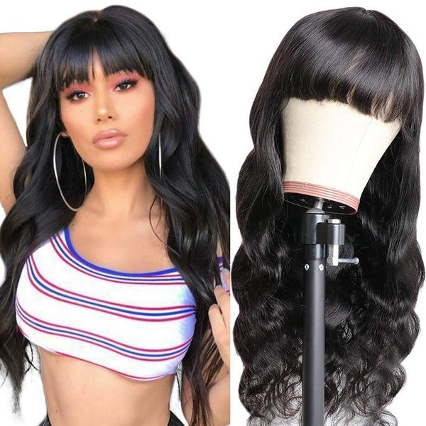 Amella Hair Brazilian Body Wave Wigs With Bangs Virgin Brazilian None Lace Front Wigs Human Hair Wigs 150% Density Glueless Machine Made Wigs For Black Women(26inch, Body wave)