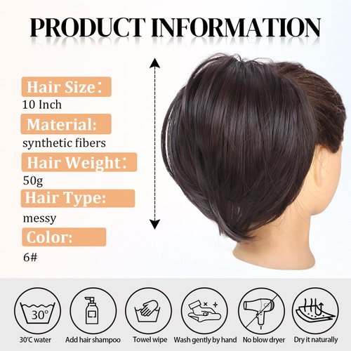 Rosooi Claw Clip Messy Bun Hair Piece Short Ponytail Extension with 3 Bendable Metals Wires Synthetic Wavy Curly Fake Hairpieces for Women DIY Full Easy Bun (Dark Brown)