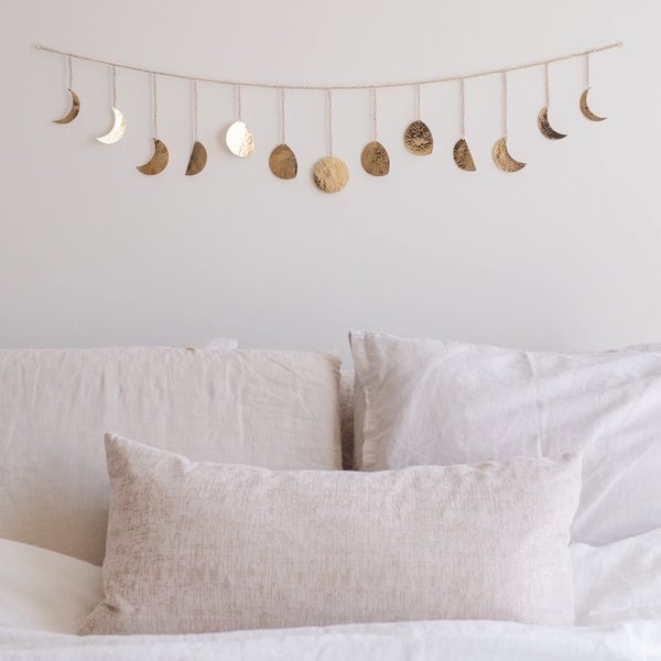 Moon Phase Wall Decor, Handmade Hammered Gold Metal 13 Moons 36" Garland, Phases of the Moon, Celestial Lunar Art, Bohemian Aesthetic Gold Room Boho Zen Decor for Bedroom Home Dorm Living Room Girl