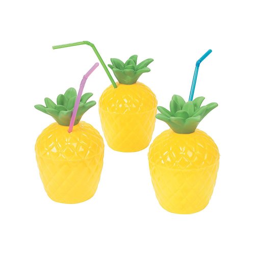 Fun Express 12 Pieces Plastic Pineapple Cups, Holds 10 oz, BPA Free Plastic, Party Supplies, Drinkware, Sipper & Molded Cups, Yellow & Green