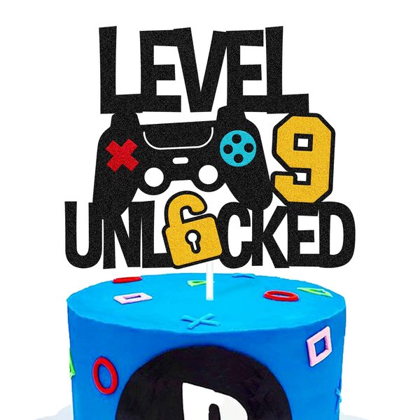 Level 9th Unlocked Cake Topper Game Controller 9s Cake Decoration Happy 9 Birthday Cake Decor Video Play Game Movie Theme Men Women Teenager Bday Party Event Celebration Supplies
