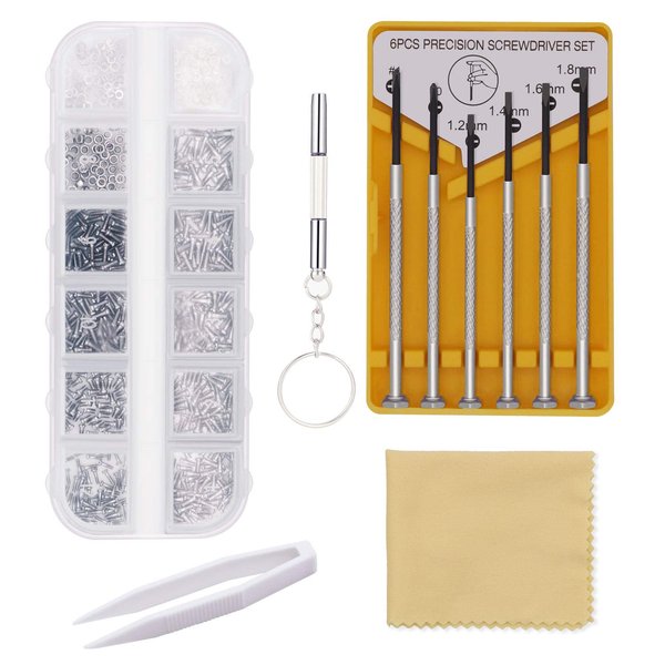 Eyeglass Repair Kit, Glasses Repair Tools with Glasses Screws, Precision Screwdriver kit, Cleaning Cloth and Tweezers, Suitable for Eyeglass, Mobile Phones, Watches