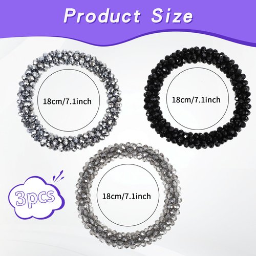 Mabor 3Pcs Rhinestone Hair Ties High Ponytail Holder Decorative Bling Elastic Fancy Beaded Hair Ties Glitter Pretty Hair Scrunchie Stretchy Hair Accessories for Women Girls