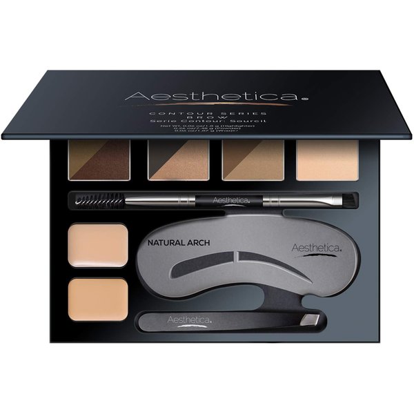 Aesthetica Brow Contour Kit 16-Piece Eyebrow Makeup Palette Set 6 Eyebrow Powders, 5 Eyebrow Stencils, Spoolie/Brush Duo, Tweezers, Eye Brow Wax, Highlighter - Unique Gifts For Women For Her Birthday