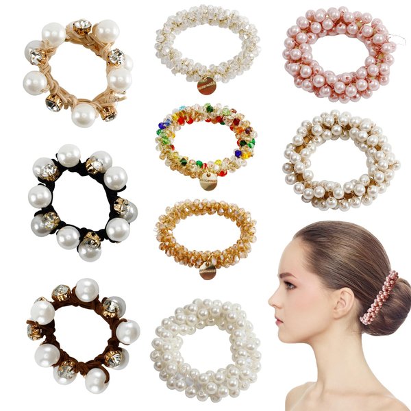 Meisuitd 9Pcs Rhinestone Pearl Hair Elastics Ties Fashion Stretchy Hair Scrunchies Set Women Girls Crystal Beaded Hair Rope Hair Accessories Perfect for Long Lasting Braids Ponytails Holder