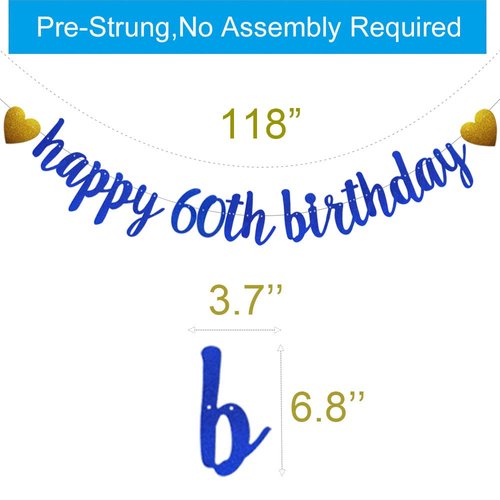 SUNbetterland Blue glitter Happy 60th Birthday Banner, Pre-Strung,Man's 60th Birthday Party Decorations Supplies, Happy 60th Birthday