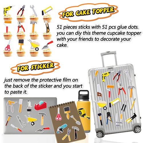 51 Pieces Tools Cupcake Toppers Instrument Cake Decoration Tool Stickers (2 in 1) Tools Hammer Screwdriver Pliers Electric Drill Theme for Kids Girls 1st 2nd Happy Birthday Baby Shower Party Supplies