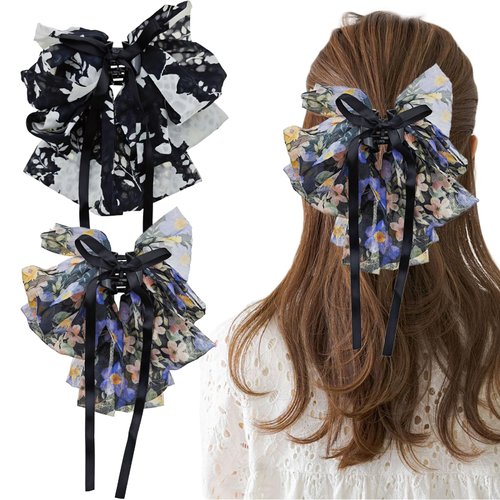 2 PACK Chiffon Floral Bowknot Hair Claw Clips, Big Bowknot Chiffon Spring Hairpins, Floral Ponytail Clip, French Style Hair Accessories for Women and Girls Party Wedding Daily Wear