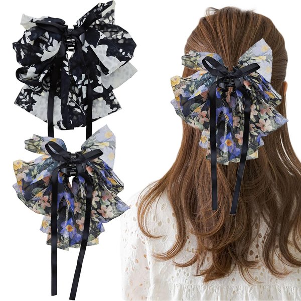 2 PACK Chiffon Floral Bowknot Hair Claw Clips, Big Bowknot Chiffon Spring Hairpins, Floral Ponytail Clip, French Style Hair Accessories for Women and Girls Party Wedding Daily Wear