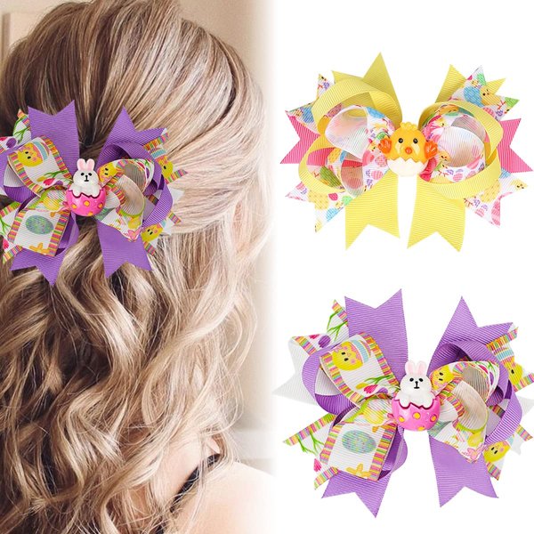 Easter Hair Clips Easter Bows Clips Grosgrain Hair Barrettes Bunny Chick Headwear Boutique Hairpin Rabbit Chick Egg Hair Accessories Alligator Clips Supply Party Costume Decoration for Girls Kids 2PCS