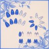 French Tips Press on Nails for Manicure Art with Flower Design, Glossy Gold Glitter Acrylic False Nails Gel Glue on Nails Blue Flower Short Almond Full Cover Fake Nails Stick on Nails for Women 30Pcs