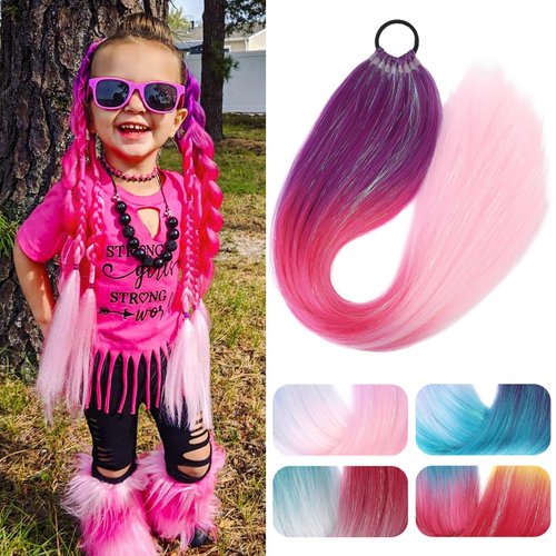 SEIKEA Colored Hair Extensions, 26" 9 Strands Lightweight Colored Hair Extensions for Kids Braid Ponytail Blend Hair Tinsel with Hair Tie, Ombre Crazy Hair Day Accessories Dark Purple/Red/Pink