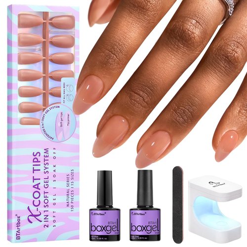 BTArtbox Almond Press on Nails Kit - Medium Soft Gel Nail Tips with Tip Primer Base, 150pcs Almond Nails Fake Nails with Gel Nail Glue Top Coat Nail Extension Kit for Easy DIY Nail Art