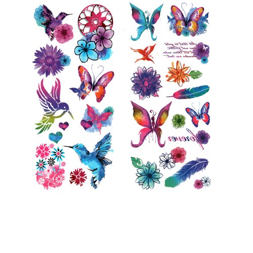 A.S.O. American Made Realistic Temporary Arm Sleeve Temporary Tattoos Tats for Men and Women, Different Tattoo Designs (48-CT Water Color Hummingbirds, Butterflies, Dreamcatcher)