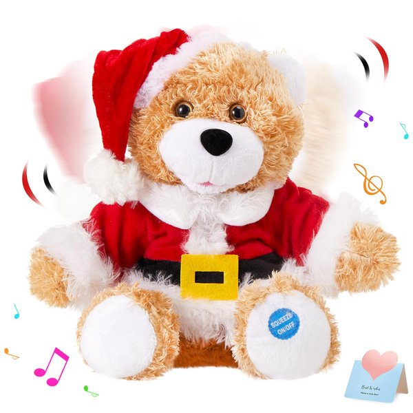 SpecialYou Christmas Santa Teddy Bear Singing Stuffed Animal Interactive Musical Plush Electric Toy with Christmas Hat Companion for Kids Girls Boys New Year Decor