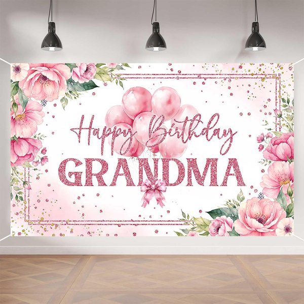 Aperturee Happy Birthday Grandma Banner 70.8x43.3in Pink Floral Balloons Backdrop Large Glitter Party Decorations for Grandma’s Birthday, Waterproof Polyester, Easy to Hang, Indoor Outdoor