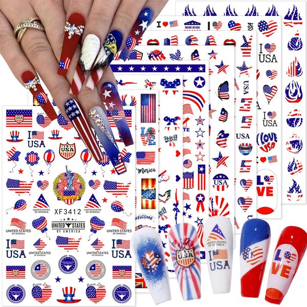 8 Sheets 4th of July Nail Stickers Independence Day Nail Art Stickers 3D Self-Adhesive USA Nail Decals American Flag Design Nail Art Supplies for Women DIY Acrylic Fourth of July Nail Decorations
