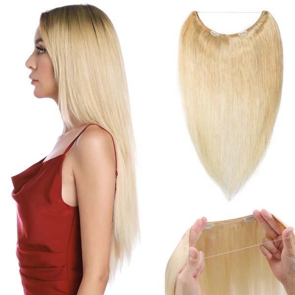 S-noilite Invisible Wire Human Hair Extensions with 2 Clips 16" 60g Blonde Secret Wire Hair Extension Adjustable Fish Line Hairpieces For Women #60 Platinum Blonde