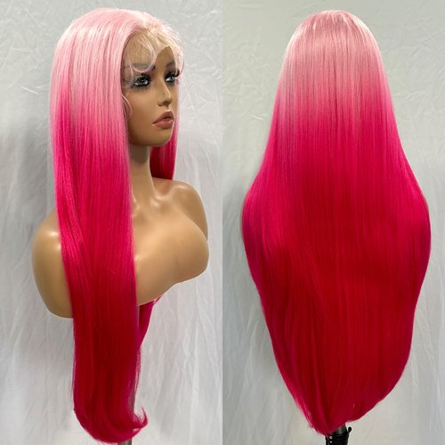 SOKU 13x6 Lace Front Wigs Pre Plucked 32 Inch Long Straight Lace Frontal Wigs with Baby Hair Ombre Pink Synthetic Wigs with Light Pink Roots Free Part Glueless HD Silky Straight Wigs for Women