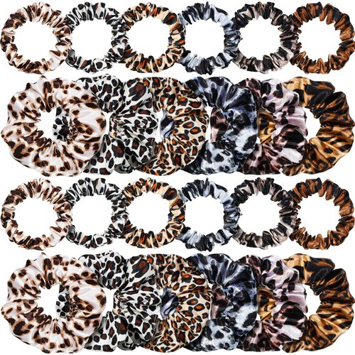 24 Pieces Satin Hair Scrunchies Silk Elastic Hair Bands Skinny Hair Ties Ropes Ponytail Holder for Women Girls Hair Accessories Decorations (Bright Colors, Leopard)