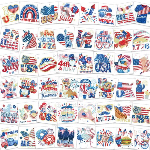 HOWAF 4th/Fourth of July Temporary Tattoos 96 Individually Sheets Giltter American USA Flag Tattoos Stickers Giltter gold and silver Independence Day Tattoos for Patriotic Independence Day