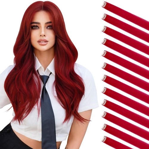 Felendy Colored Hair Extensions, 12 Pcs Rose Red Clip in Hair Extensions Highlight Colorful Straight Hairpieces Daily Party Costumes Synthetic Piece for Women Kids Girls Halloween