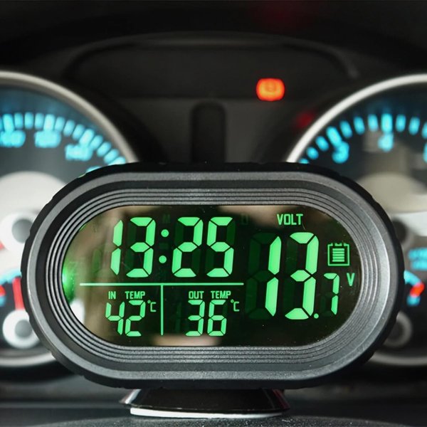 12V 2-in-1 LED Digital Car Clock Thermometer & Voltmeter, Dual Temperature Gauge with Voltage Display and Alarm