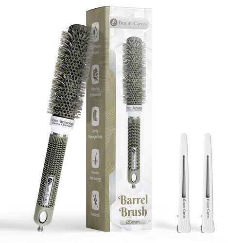 Beauty Carves Round Hair Brush, 25 mm Barrel with 2 Clips – Blowout Brush with Flexible Nylon 66 Bristles - Nano Ionic Heat Resistant Tech for Professional Curling, Styling & Shining Texture