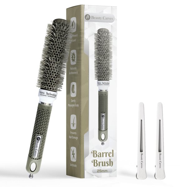 Beauty Carves Round Hair Brush, 25 mm Barrel with 2 Clips – Blowout Brush with Flexible Nylon 66 Bristles - Nano Ionic Heat Resistant Tech for Professional Curling, Styling & Shining Texture