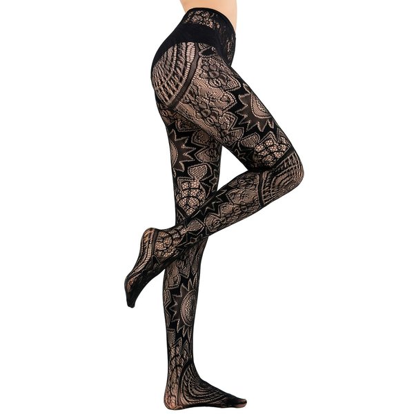 HONENNA Patterned Fishnets Tights Black Pantyhose Stockings for Women, 1 Pair, Style A1 Black