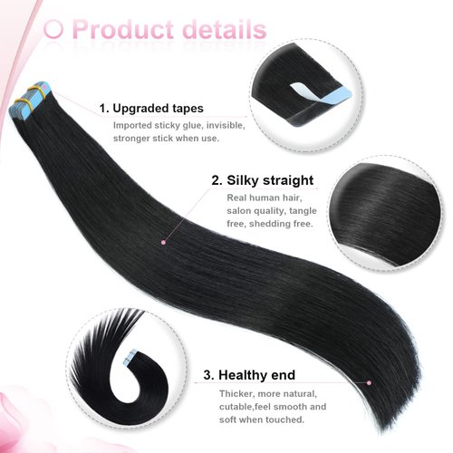 Evala Tape in Hair Extensions Human Hair Black Remy Hair Extensions #1 Jet Black Hair Extensions 20pcs 50g Straight Tape in Human Natural Hair 22 Inch