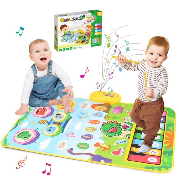 2 in 1 Musical Mat Toy for Baby Age 1 2 3, Toddler Music Toys Piano Mat with Drum Touch, Baby Dinosaur Toy Floor Play Mat for Infant 9-12-18-24 Months, Birthday Gifts for 1 2 3 Year Old Boys