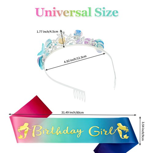 Araluky Mermaid Crown and Birthday Sash for Women Mermaid Birthday Decorations Mermaid Birthday Girl Sash Birthday Crown for Girls Mermaid Headband for Little Mermaid Party Decorations for Girls