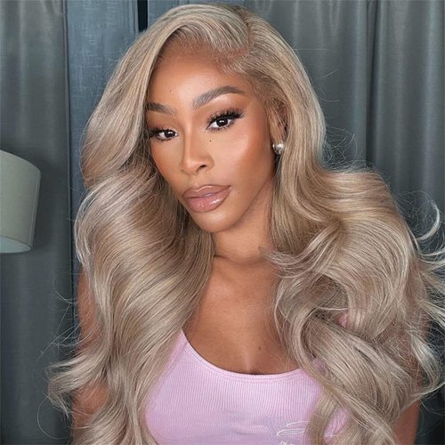 Ash Blonde with Silver Gray Highlight Lace Front Wig Human Hair 180% Density 13x4 Body Wave Mini Knots HD Invisible Lace Wig for Women Glueless Milk Tea Brown Colored with Silver Blonde Wigs 24 Inch