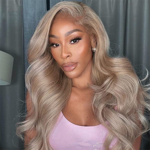 Ash Blonde with Silver Gray Highlight Lace Front Wig Human Hair 180% Density 13x4 Body Wave Mini Knots HD Invisible Lace Wig for Women Glueless Milk Tea Brown Colored with Silver Blonde Wigs 24 Inch