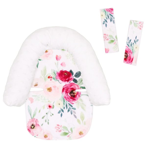 Baby Carseat Headrest and Strap Covers, Floral Minky Infant Strollers Head Support & Seat Belt Cover, Toddler Strollers Headrest and Neck Cover, Car Accessories for Newborn Girls