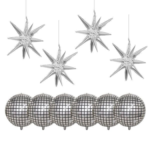 10 Pcs Disco Ball Balloons 6 Pcs Disco Party Balloons 4 Pcs Star Balloons 22 Inches Silver Disco Ball Balloons Metallic 4D Foil Silver Balloons for 70s 80s 90s Disco Party Supplies Decorations