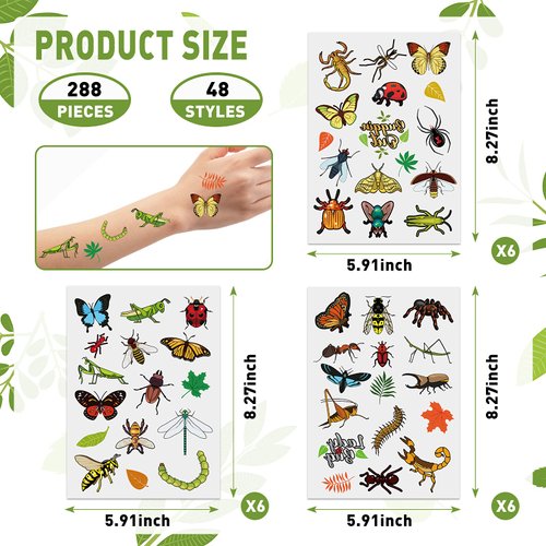 Maitys 288 Pcs Insect Tattoos Reptile Temporary Tattoos Buggin out Tattoos Bees, Spiders, Beetles, Butterflies Kids' Party Supplies Bug Party Favor Butterfly Birthday Party Supplies