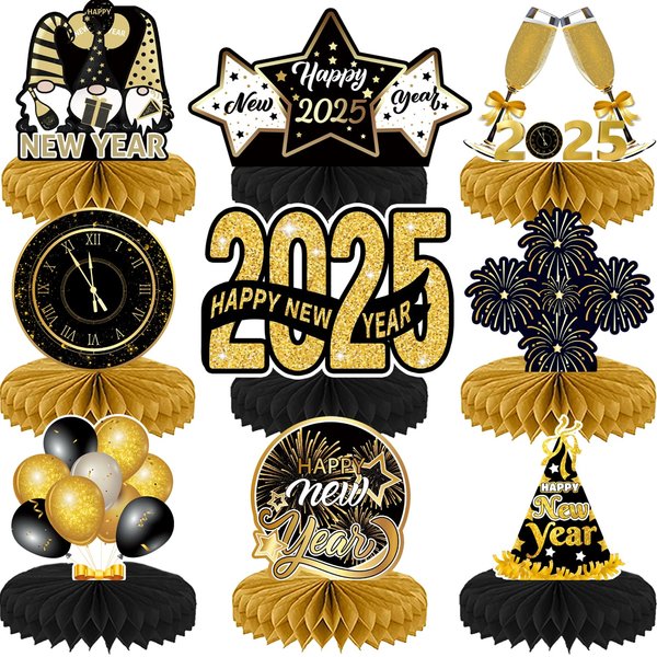 New Year Decorations Honeycomb Centerpieces 9PCS, New Year Table Decoration Happy New Year Theme Table Toppers 2025 New Year Party Centerpieces for New Years Eve Decorations 2025
