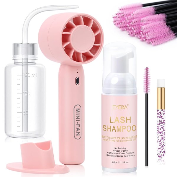 EMEDA Lash Shampoo Cleaning Kit - Lash Extensions Cleanser Lash Bath Kit with Lash Fan Dryer Brush Rinse Bottle, Oil Free Foam Wash for Extensions & Natural Lashes/Safe Makeup Remover